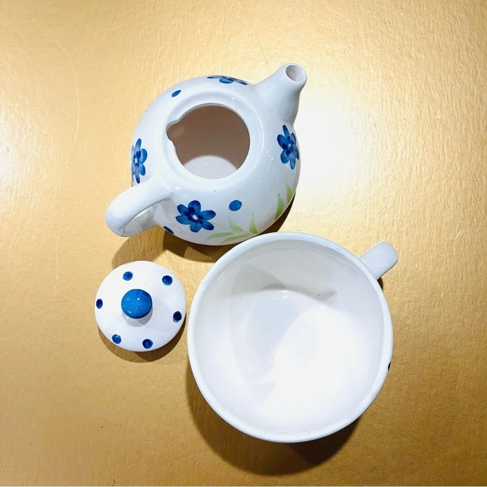 Stackable Ceramic Tea Pot Mug Blue Floral Tea For One